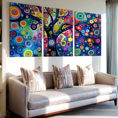 3 pièces, art mural abstrait arbre vibrant avec cercles colorés, art mural trois pièces pour le salon, la chambre à coucher et le bureau, prêt à être accroché