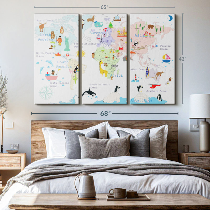 «World Map Continents» sur toile, H 42 po x l 65 po x P 1,25 po