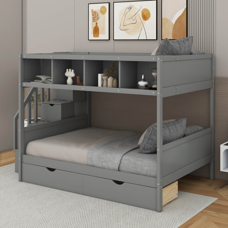 Lit simple superposé au dessus d'un lit double avec tablettes et tiroirs, Gris