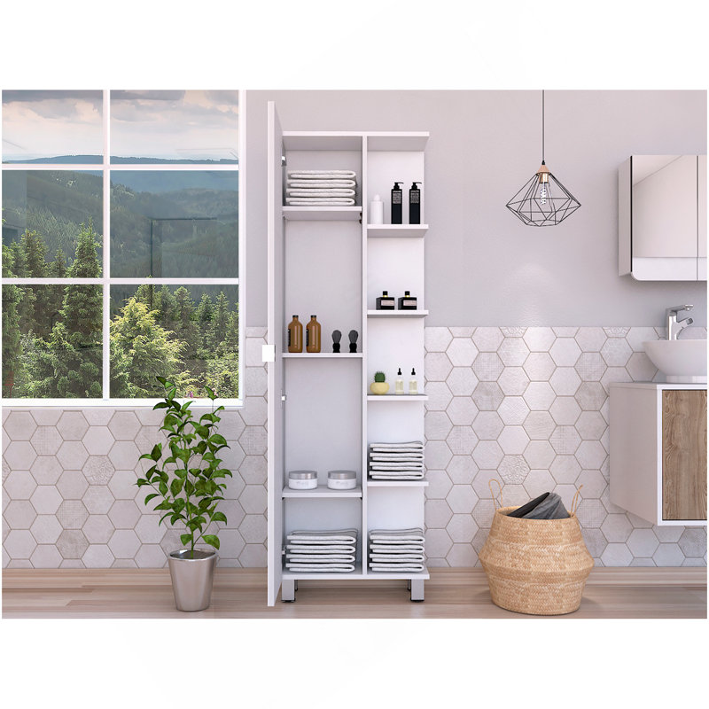 Armoire de coin, cinq tablettes ouvertes, une porte, finition blanche, Blanc