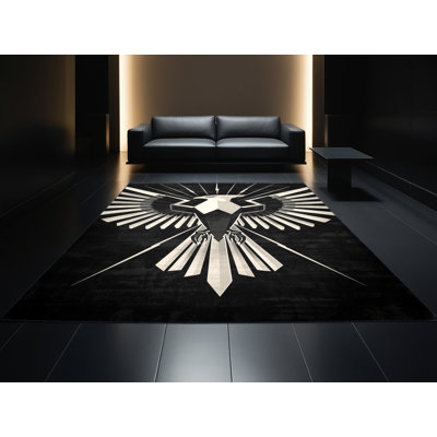 Machine Washable Ozgur Thunderbird Art Deco Starburst Rug in Black – Black Binding