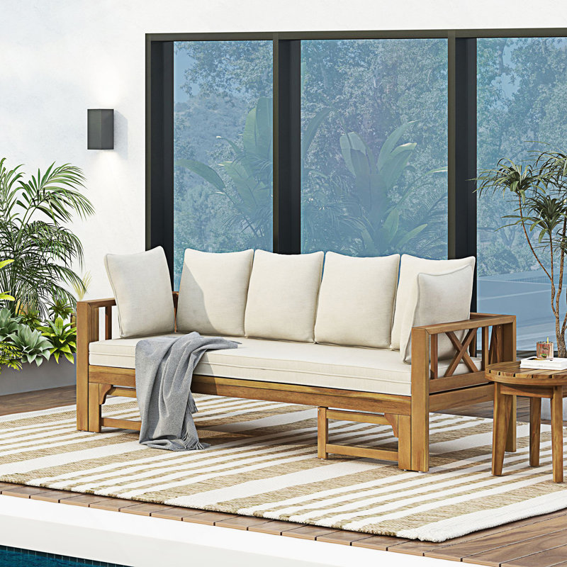 Canapé d'extérieur extensible 3 places, canapé rembourré, fauteuil de jour, Teck, Beige