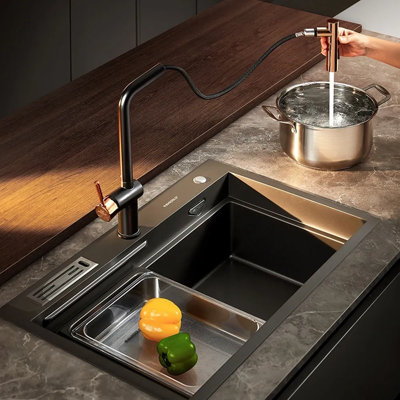 Robinet de cuisine à poignée simple HIGOLD BN1.0 avec récompense IF, or rose et finition noire