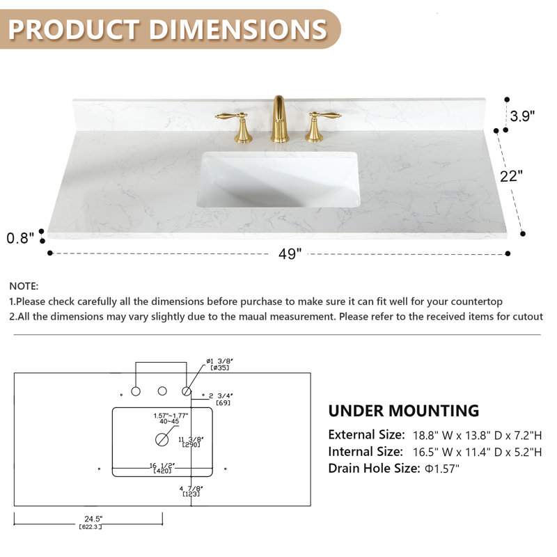 Ceres 49" White Engineered Stone Vanity Top with Sink