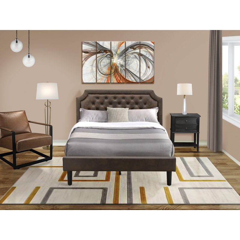 Queen Size Bed FrameIncludes Black Textured Upholstered Headboard, Footboard and Wood Rails, Slats - Wooden 9 Legs with Full Support Queen Size Bed - Black Finish