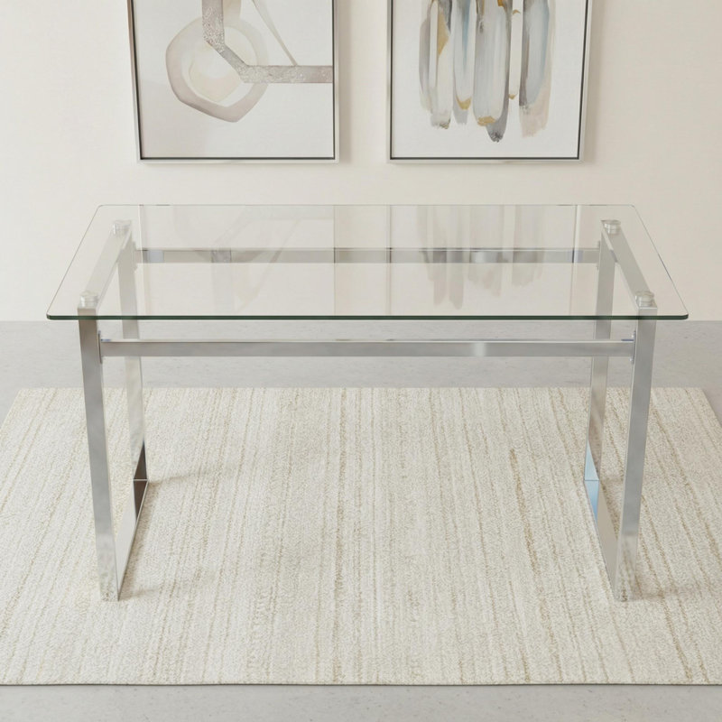 51" Modern Minimalist Rectangular Glass Dining Table with Tempered Glass Tabletop and Chrome Metal Legs, Chrome