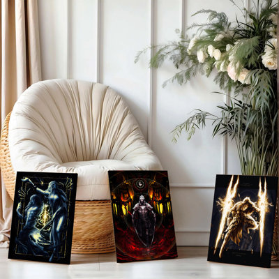 3 pièces d'art mural, impression fantaisie sur toile encadrée, ensemble de 3 décorations murales gothiques médiévales pour le salon, la chambre à coucher, le bureau, la maison, les décorations modernes, l'art abstrait