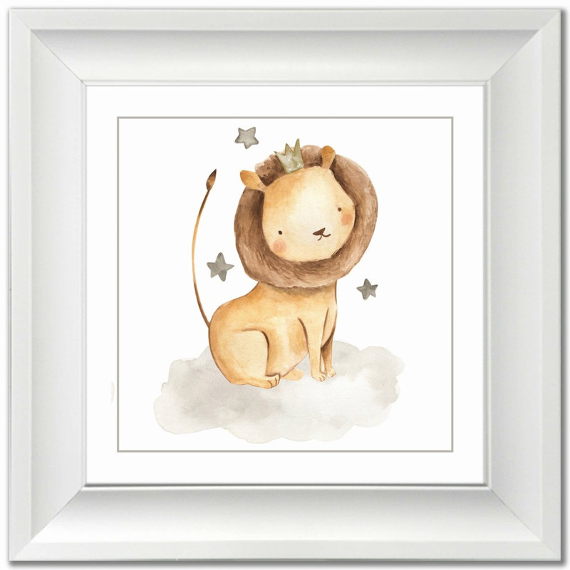 Lion avec étoiles, art mural sur toile, Cadre d'angle fermé blanc, H 17,5 po x l 17,5 po