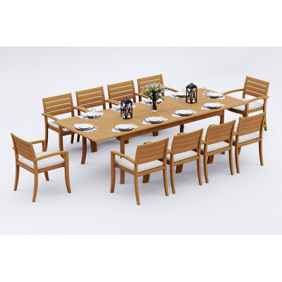 12 Seats 13 Pcs Grade-A Teak Wood Dining Set: 118" Double Extension Rectangle Table And 12 Travota Stacking Arm Chairs #11TV2412