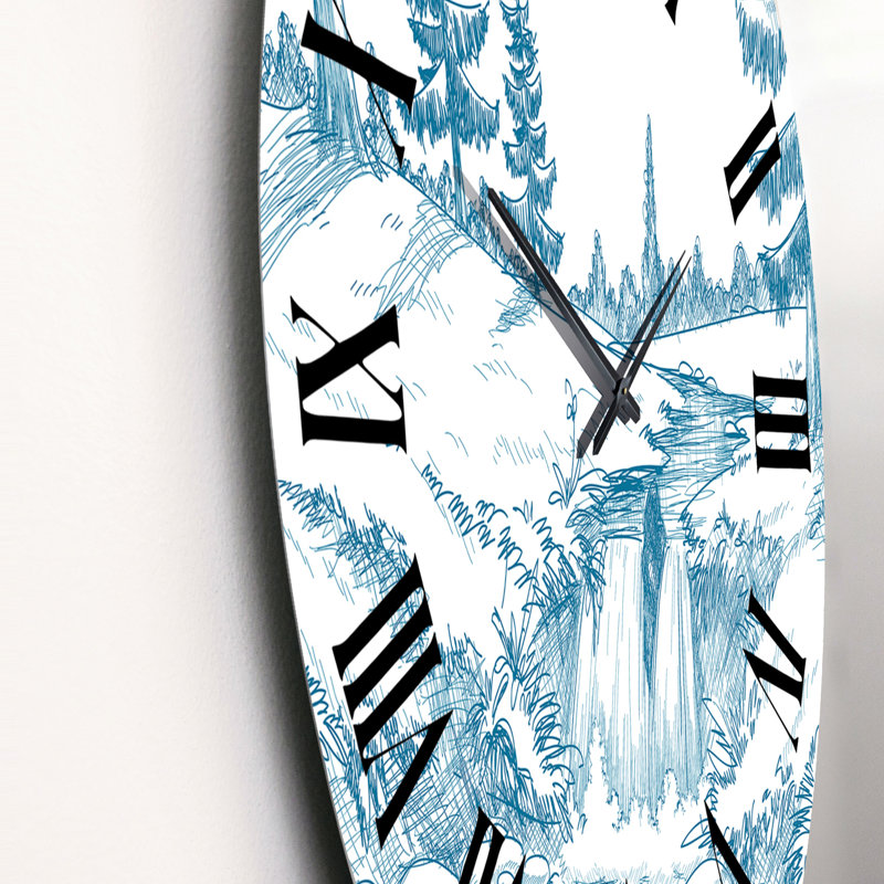 Bleu clair rivière de montagne sur fond blanc - horloge murale, Grand