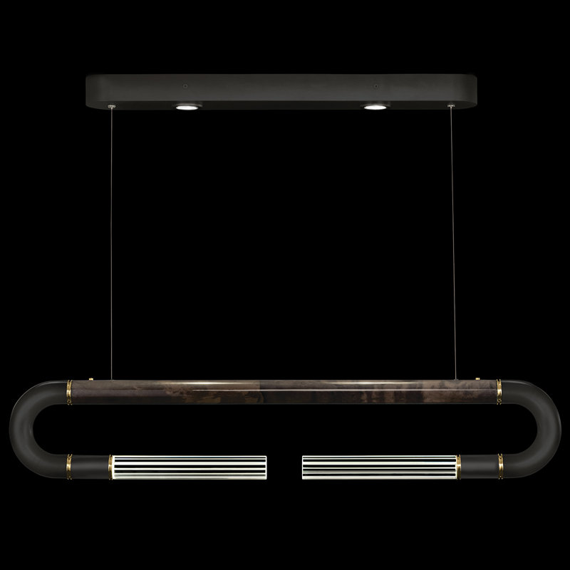 Luminaire suspendu linéaire avec peau Antonia, Noir / laiton / gris anthracite