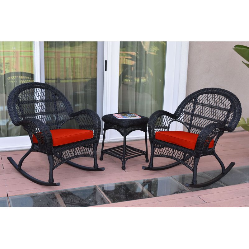 Ensemble de conversation en rotin 3 pièces avec coussins Mangum, Rouge-orange, Noir