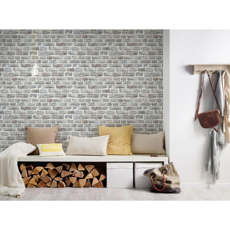 Bricks and More Collection Stone Brick Wallpaper Roll, Gray