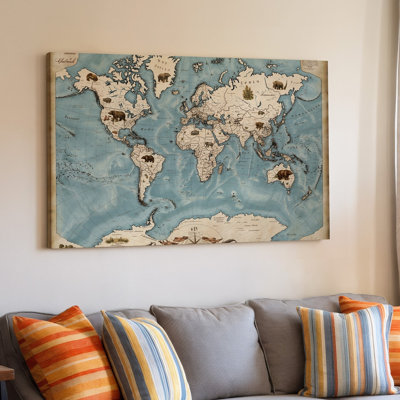 Toile, création d'une carte du monde de style rétro avec art mural Amériques sur fond bleu pâle et toile tendue