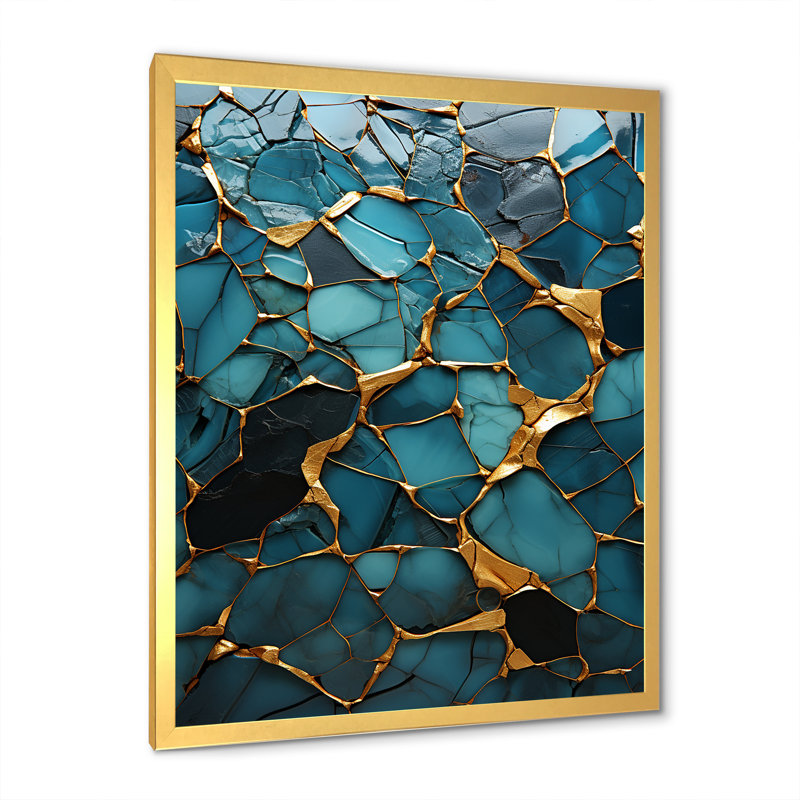 Décoration murale bleue et dorée Elegance III - marbre, Encadrement doré, H 32 po x l 24 po x P 1 po