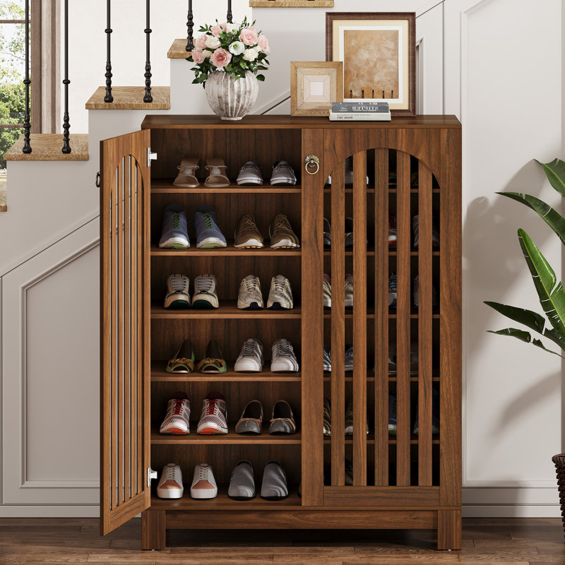 Wooden 6-Tier Shoe Storage Cabinet with Louver Doors, Adjustable Shelves for Entryway, Living Room, Bedroom, Oak, Dark Brown