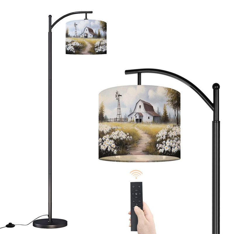 Lampe sur pied à arc avec abat-jour ajustable Lampe sur pied style campagne classique rustique rustique à 3 lumières colorées à intensité variable avec interrupteur au pied pour chambre à coucher