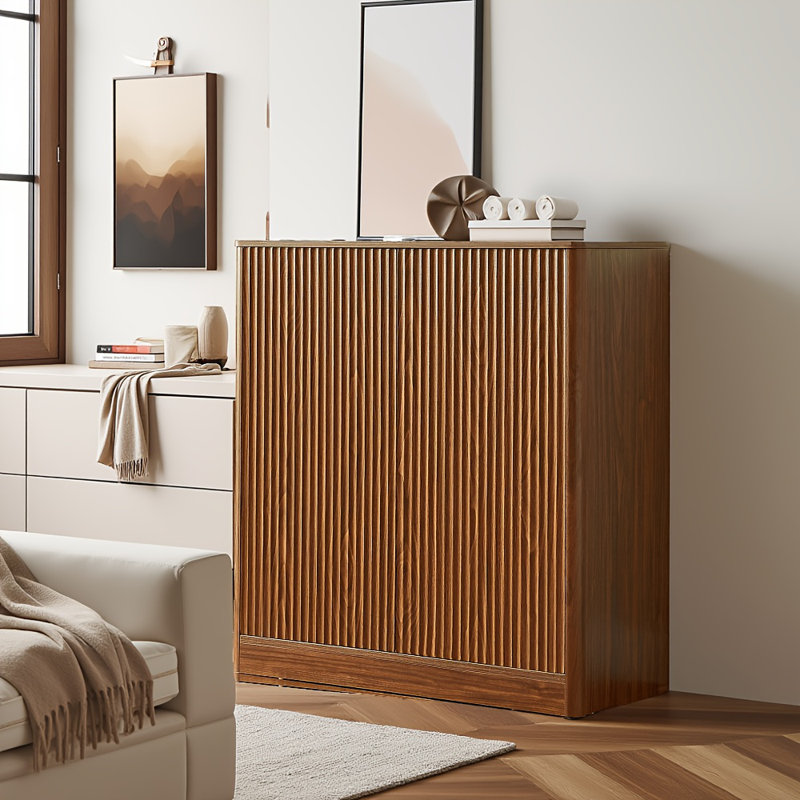 Buffet en forme de vague - Armoire en MDF rétro moderne avec poignées en métal, Noyer