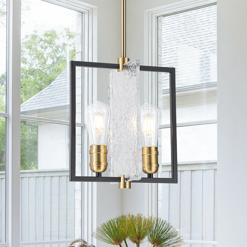 Luminaire suspendu cage moderne industriel 2 lumières avec panneau en verre Water Wave fabriqué à la main | Finition noire et laiton