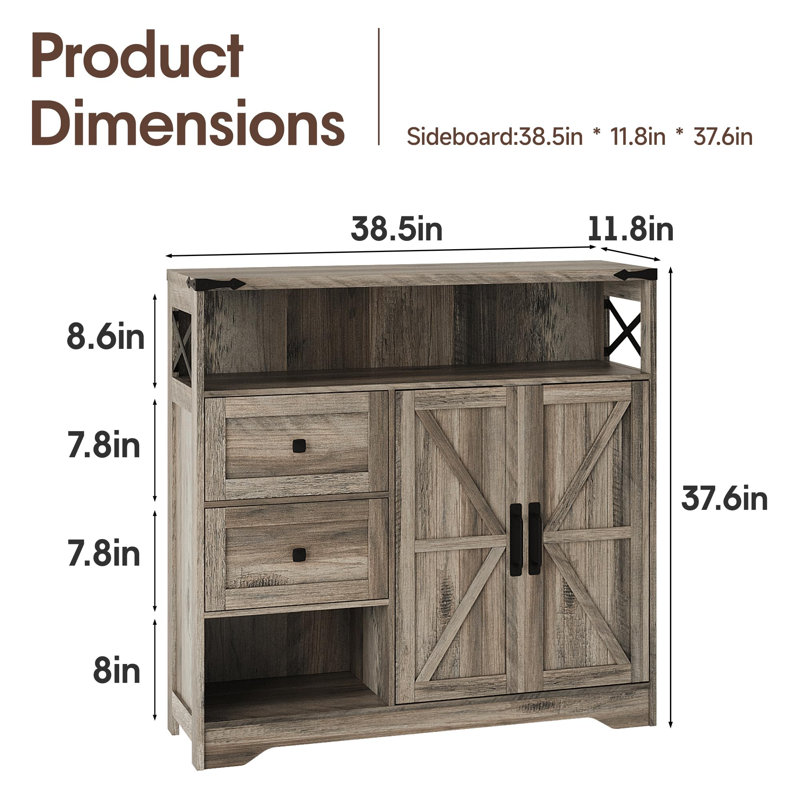 Armoire de rangement Farmhouse avec tiroirs et rangement ouvert, Gris