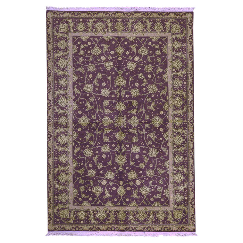 Tapis unique vert clair / mauve noué à la main de haute qualité