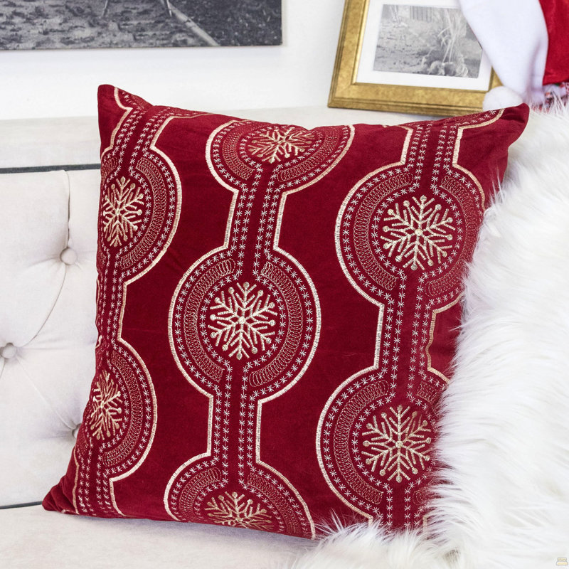 Coussin décoratif en velours avec broderie flocon de neige blanc, 20 x 20 avec insert, Simple, Rouge