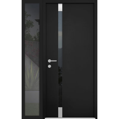 Front Exterior Prehung Steel Door / Cynex 6777 Black / Side Exterior Window / Stainless Inserts Single Modern Painted-W32+12" x H80"-Right-hand Outswing