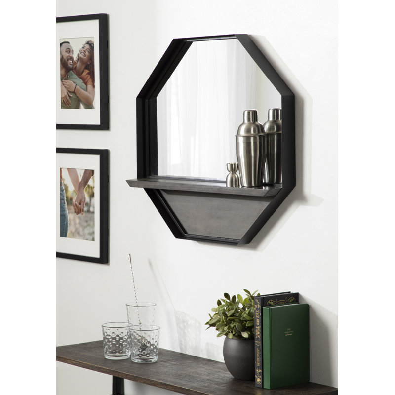 Stingley Metal Flat Mirror with Shelves, Gray/Black