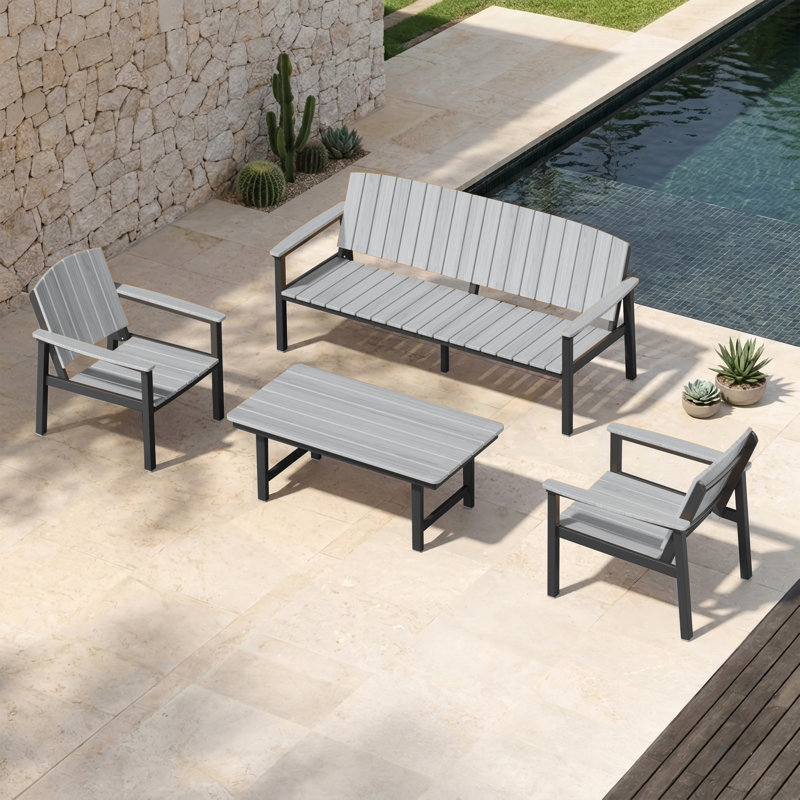Aluminum Patio Coffee Table, Aluminum Frame HDPS Faux Wood, All Weather Coffee Table for Backyard, Garden, Poolside, Gray