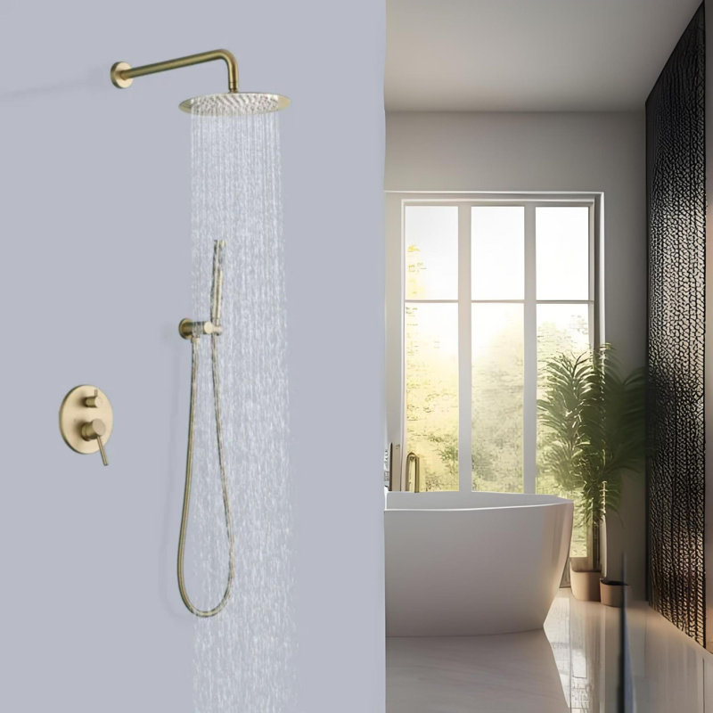 Diverter Complete Shower System with Rough in-Valve, Brushed Gold