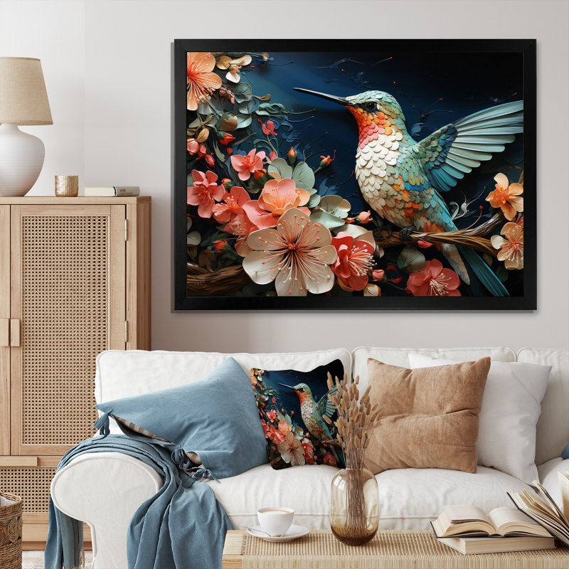 Teal Pink Hummingbird Harmony - Animals Canvas Wall Art, Cadre photo noir, H 30 po x l 40 po x P 1,5 po