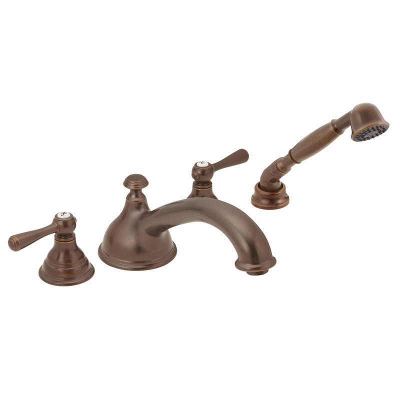 Kingsley Double Handle Deck Mounted Roman Tub Faucet Trim with Handshower, Antique Nickel