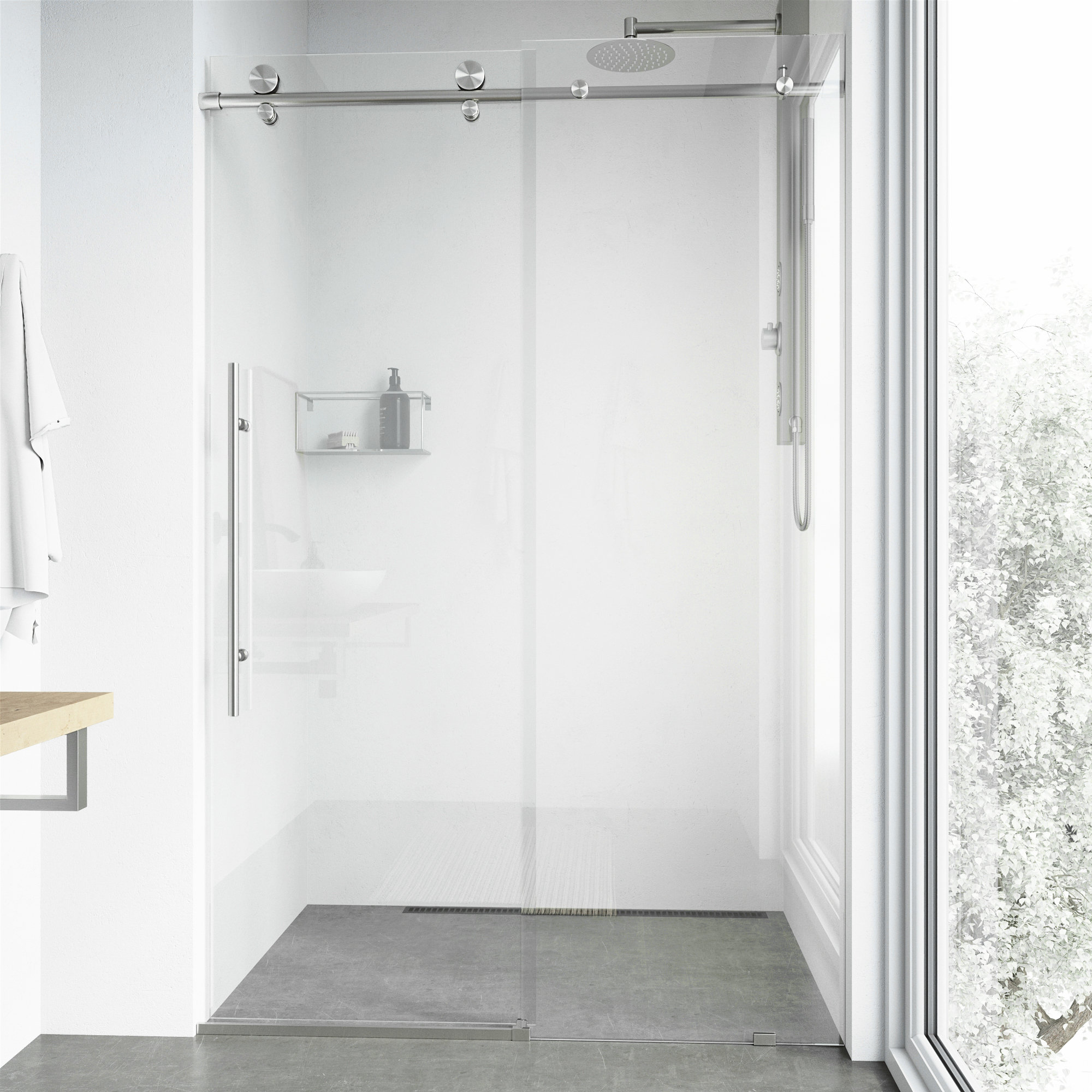 Elan E-Class 52-56" W x 76" H Sliding Frameless Shower Door with 3/8" Clear Glass, Stainless Steel