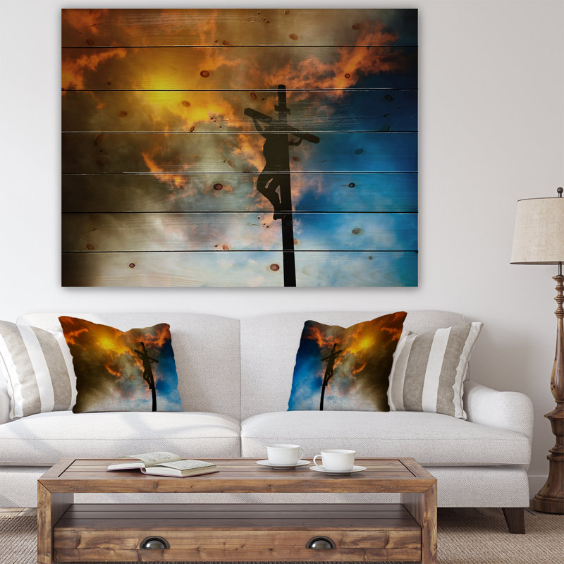 Jésus sur la croix - Peinture sur bois sans cadre, H 24 po x l 36 po x P 1 po