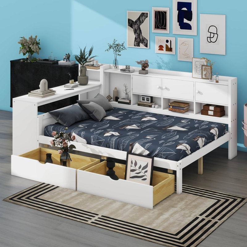 Lit de jour multifonctionnel en L en bois avec confort et rangement, Double , Blanc
