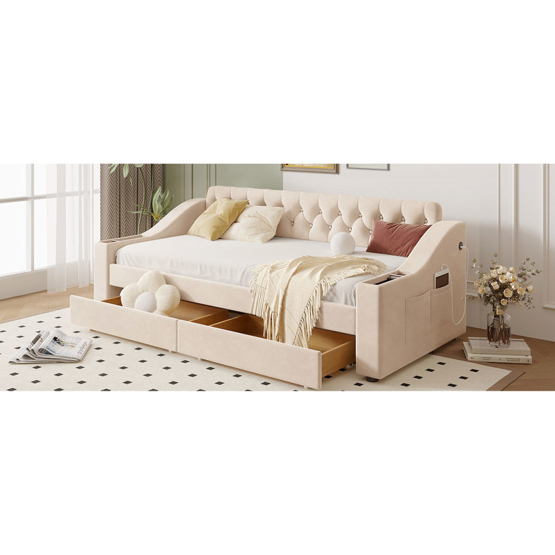 Lit de jour simple avec rangement pour port et accoudoirs en beige, finition rembourrée, Beige