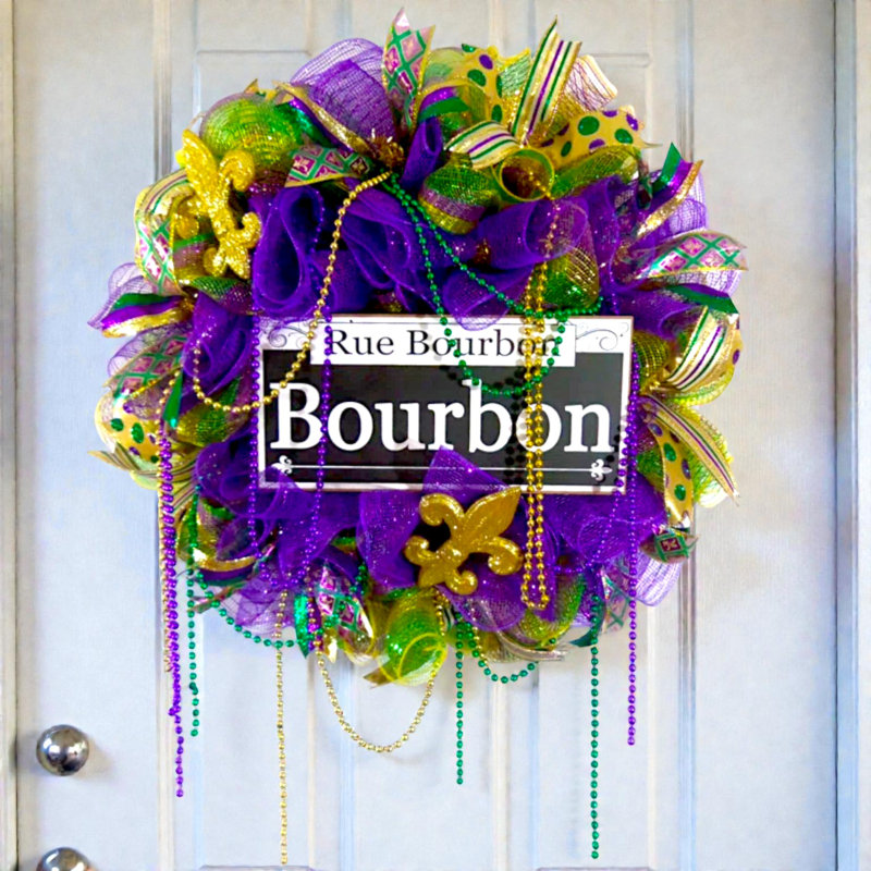 Mardi Gras Bourbon Street Wreath with Rue Bourbon Sign, Fleur-de-Lis Accents, and Party Beads – Handmade 24" Mesh Décor