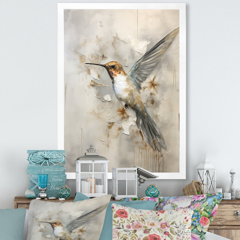 Colibri floral flottant II - Art mural colibri, Cadre photo blanc, H 40 po x l 30 po x P 1,5 po