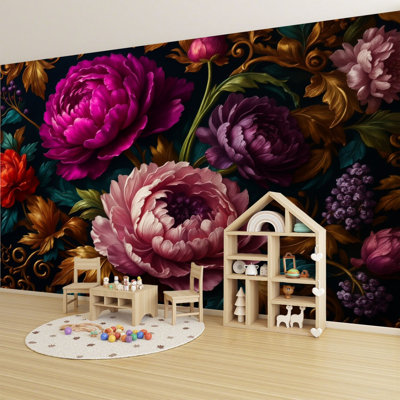 Peel and Stick Wallpaper Luxurious Dark Floral Arrangement Peonies Leaves Vibrant Botanical Accents Wall Murals 100"H x 144"W Removable PVC Wall Paper Self-Adhesive Wall Decor for Bedroom Living Room Home Office