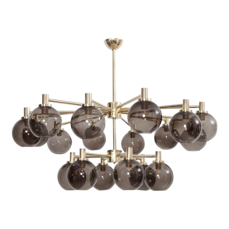 Grand lustre linéaire moderne à deux niveaux en verre et laiton teinté Jakobsson, G - vert, Laiton poli