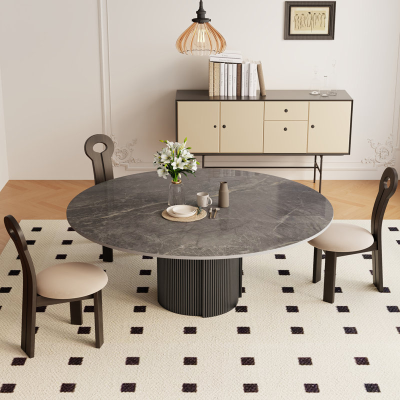 59" Modern Round Dining Table For 6-8, Glossy Sintered Stone Table Top, Dark Gray, Black