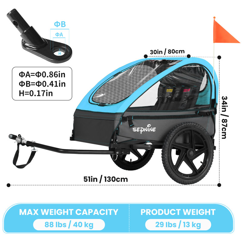 Foldable Kids Bike Trailer With Storage Bag, Fits 1-2 Children, Blue
