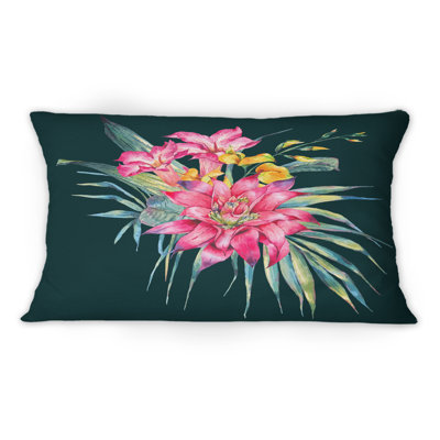 Coussin décoratif rouge et orange à motif de fleurs tropicales sur fond noir II