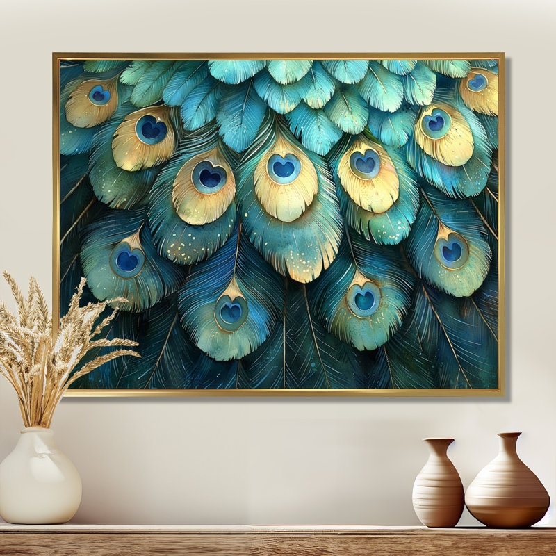Collage de plumes de paon bleu et vert Grinstead II - oiseau, art mural, H 30 po x l 40 po, Cadre flottant, Doré