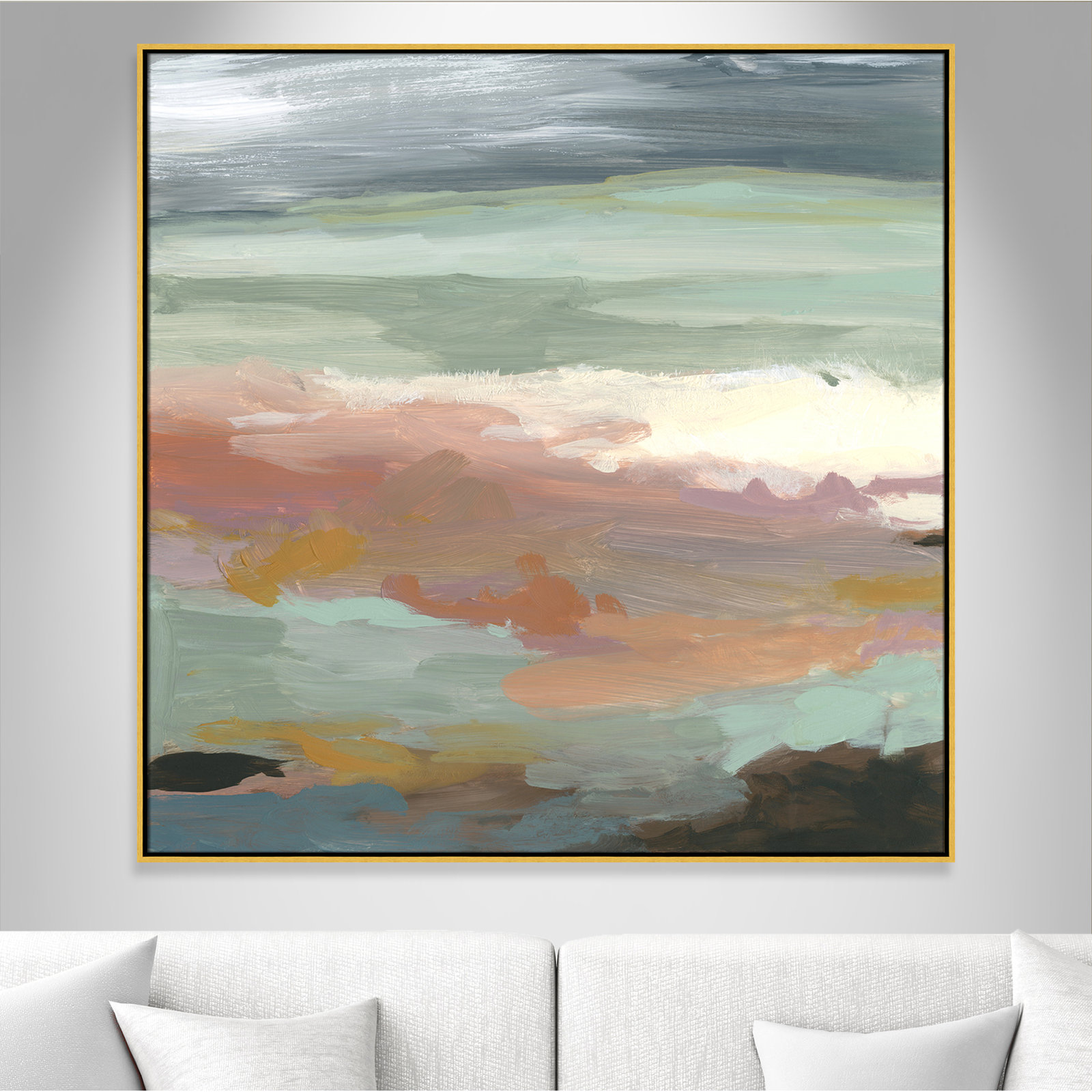 Bingham "Ocean Bluffs" Painting by Carol Robinson, Picture Framed Canvas, 46.5" H x 46.5" W, Gold