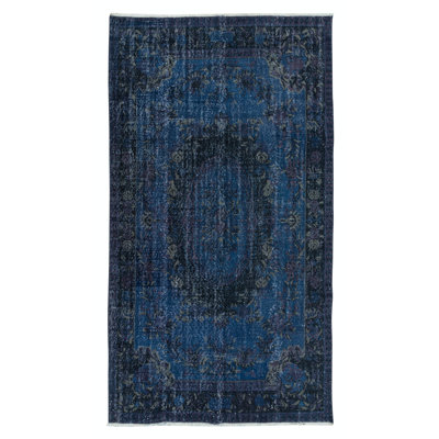 Tapis bleu marine bleu foncé de 5,7 x 10,2 pi, tapis turc fait à la main en bleu foncé