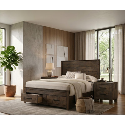 Ensemble de chambre à coucher avec très grand lit californien, rangement, brun, noir, 3 pièces avec 2 tables de chevet