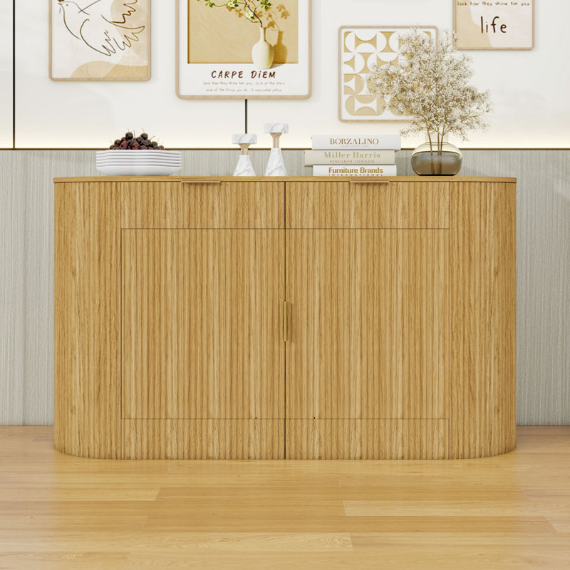Modern Sideboard with 2 Drawers, Curved Doors, 3-Tier Shelves and Storage Cabinet, Natural