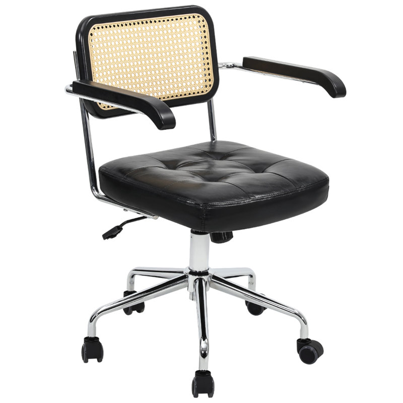 Mid Century Modern Tilting Rattan Back Desk Chair with Wheels