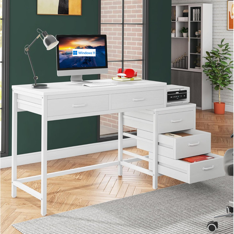 51-Inch Reversible Computer Desk With 5 Drawers And File Cabinet, Rustic Home Office Desk For Small Spaces, Industrial Writing Table With Storage